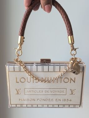 Upcycled Acrylic Box Bag with Brown Braided Handle and Gold Hardware